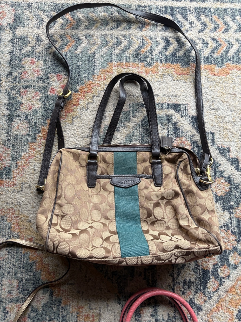 Coach Brown Signature Satchel with Teal Center Stripe